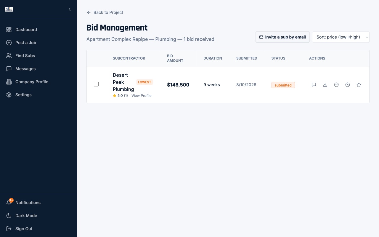 The Bid Management screen: a received bid with amount, duration, status and accept controls
