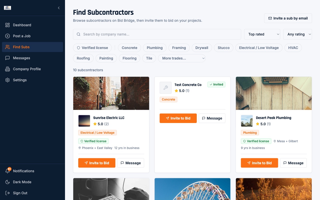 The Find Subcontractors directory: sub cards with verified-license badges, ratings and Invite to Bid buttons