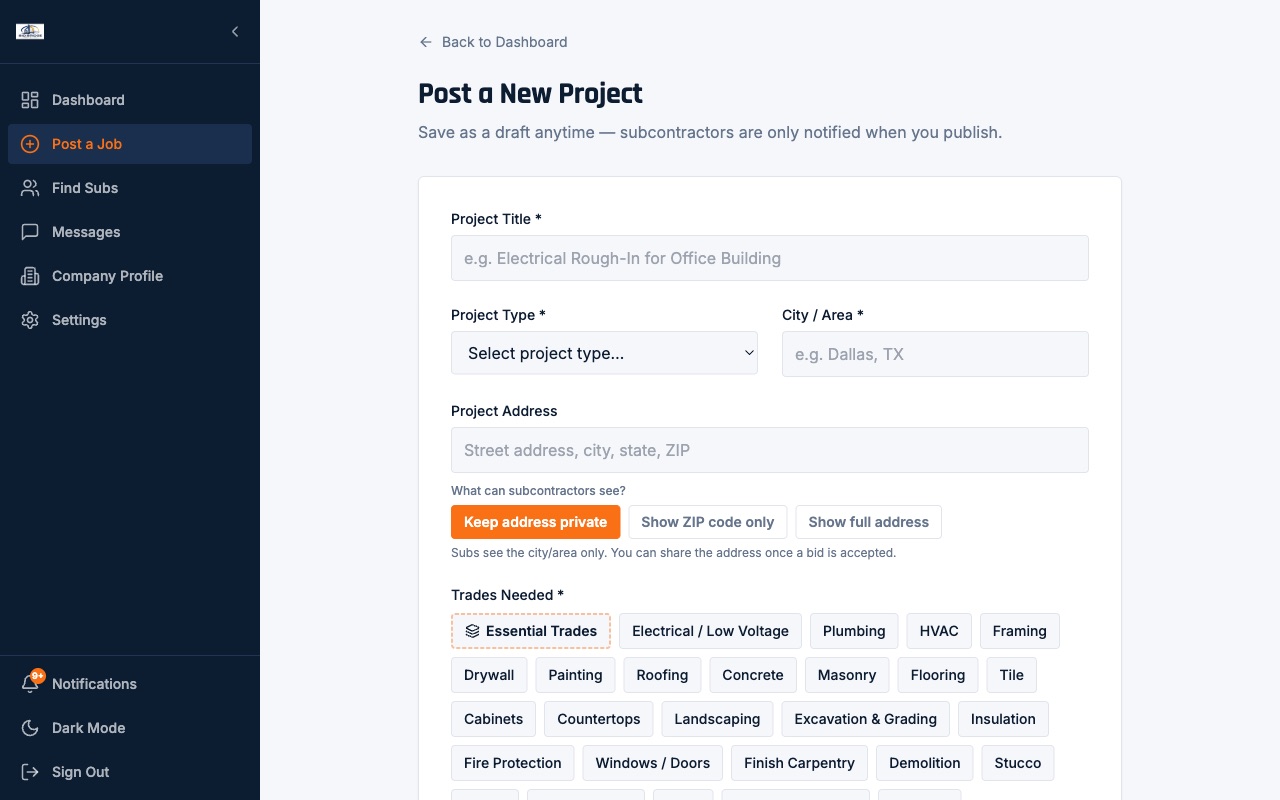The Post a New Project form: title, project type, city, private-address option and trade selector