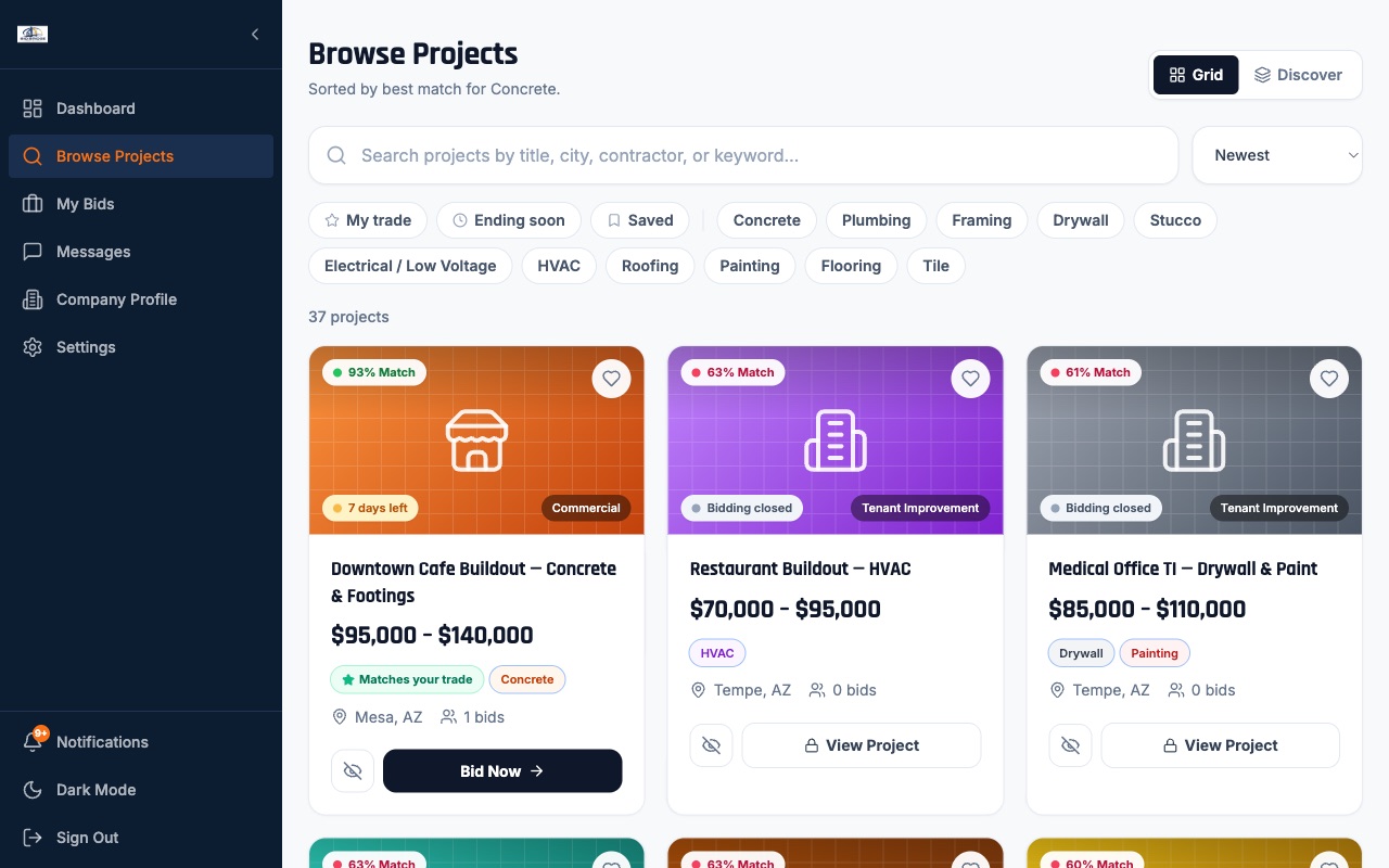 The Browse Projects board: job cards with match score, budget range, location and bid deadline