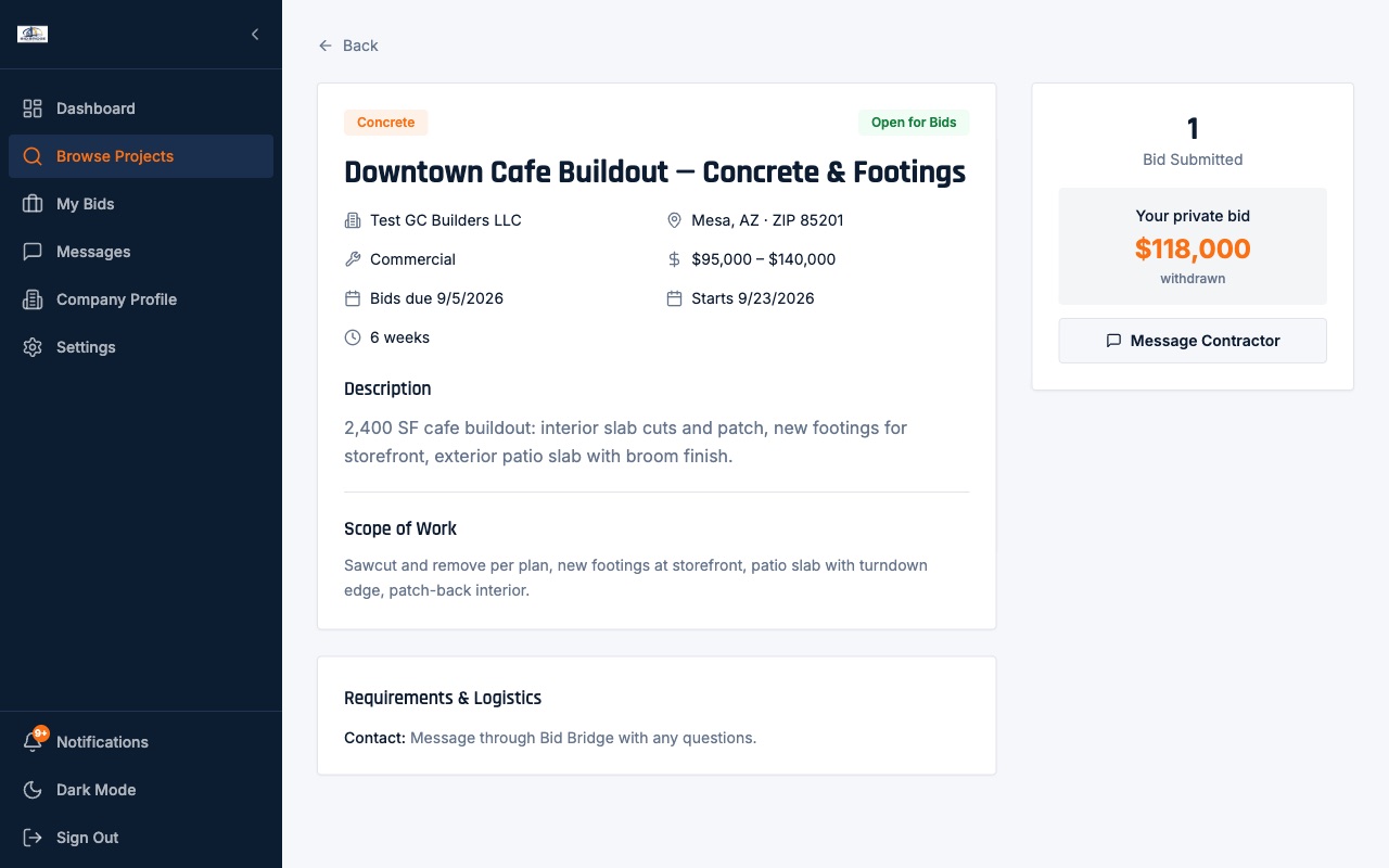 A job detail page: description, scope of work, budget range, deadlines and your private bid amount