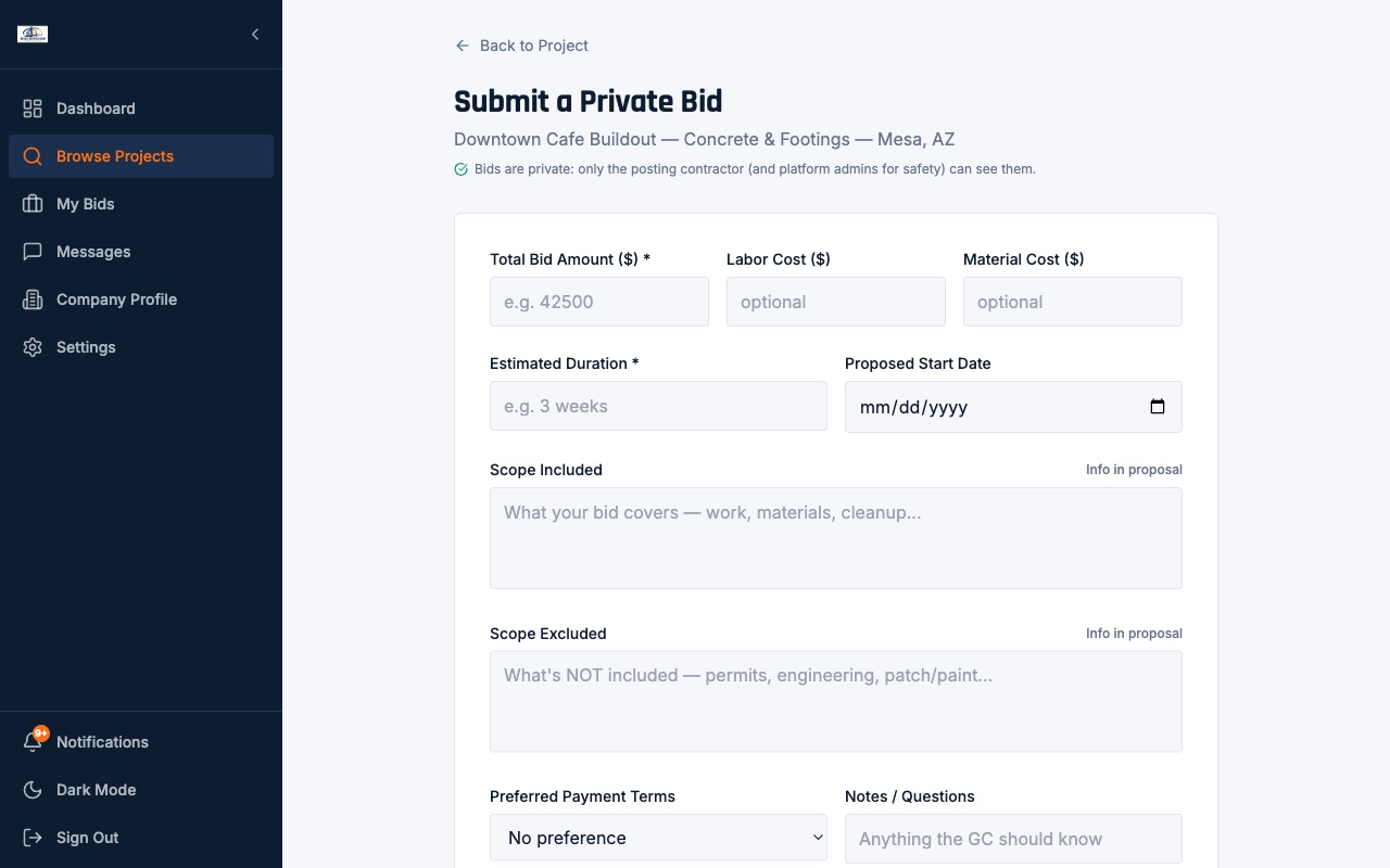 The Submit a Private Bid form, with the note that only the posting contractor can see bids
